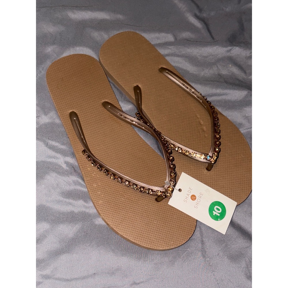 NEW Shade & Shore Women's Brown Rhinestone Studded Bling Flip Flop Sandals, 10